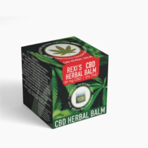 A small, dark green and red box of Rexi's CBD Herbal Balm, with a picture of the jar inside and a cannabis leaf design. The label states "30 mg CBD / 0% THC."