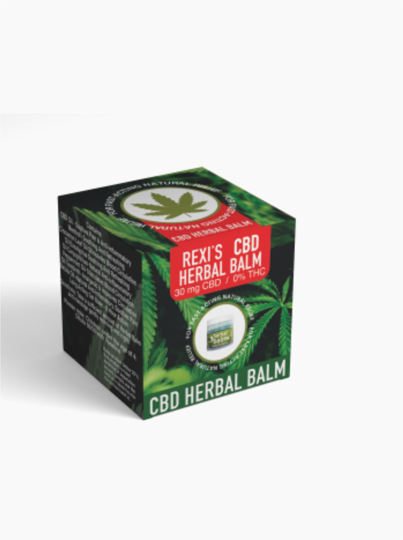A small, dark green and red box of Rexi's CBD Herbal Balm, with a picture of the jar inside and a cannabis leaf design. The label states "30 mg CBD / 0% THC."