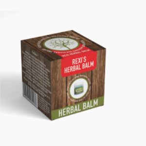 A small, rustic-looking box of Rexi's Herbal Balm, with a wood grain design and a red band. The box shows a picture of the product inside and the words "Rexi's Herbal Balm."