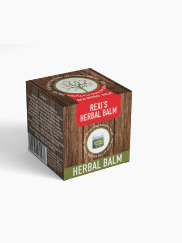 A small, rustic-looking box of Rexi's Herbal Balm, with a wood grain design and a red band. The box shows a picture of the product inside and the words "Rexi's Herbal Balm."