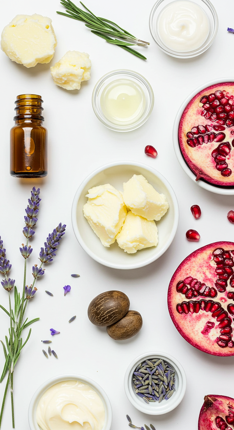 A flat lay arrangement of natural skincare ingredients, including shea butter, pomegranate, lavender sprigs, a bottle of essential oil, and bowls of creams and liquids, on a white background.