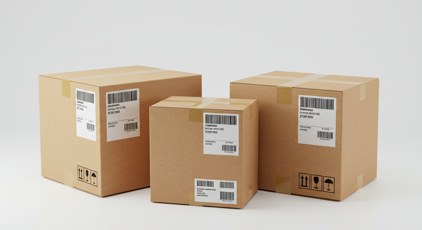 Three sealed cardboard shipping boxes of various sizes, with labels and barcodes, on a white surface against a light gray background.