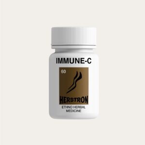 A white bottle of Herbtron IMMUNE-C Ethno Herbal Medicine with a white lid is shown. The label is dark brown and features a stylized plant logo and text.