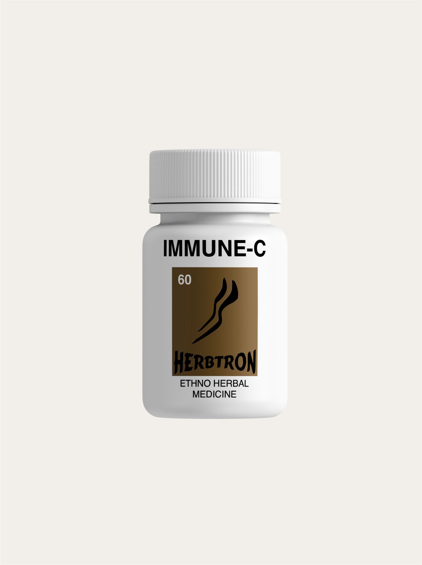 A white bottle of Herbtron IMMUNE-C Ethno Herbal Medicine with a white lid is shown. The label is dark brown and features a stylized plant logo and text.