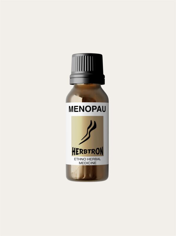 A brown glass bottle of Herbtron MENOPAUSE Ethno Herbal Medicine with a black lid is shown. The label is a light yellow-gold color with a black stylized plant logo and text.