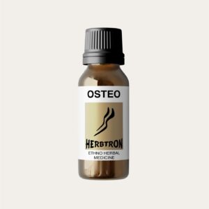 A brown glass bottle of Herbtron OSTEO Ethno Herbal Medicine with a black lid is shown. The label is a light yellow-gold color with a black stylized plant logo and text.