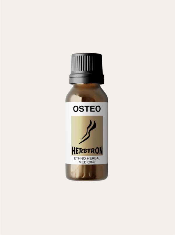 A brown glass bottle of Herbtron OSTEO Ethno Herbal Medicine with a black lid is shown. The label is a light yellow-gold color with a black stylized plant logo and text.