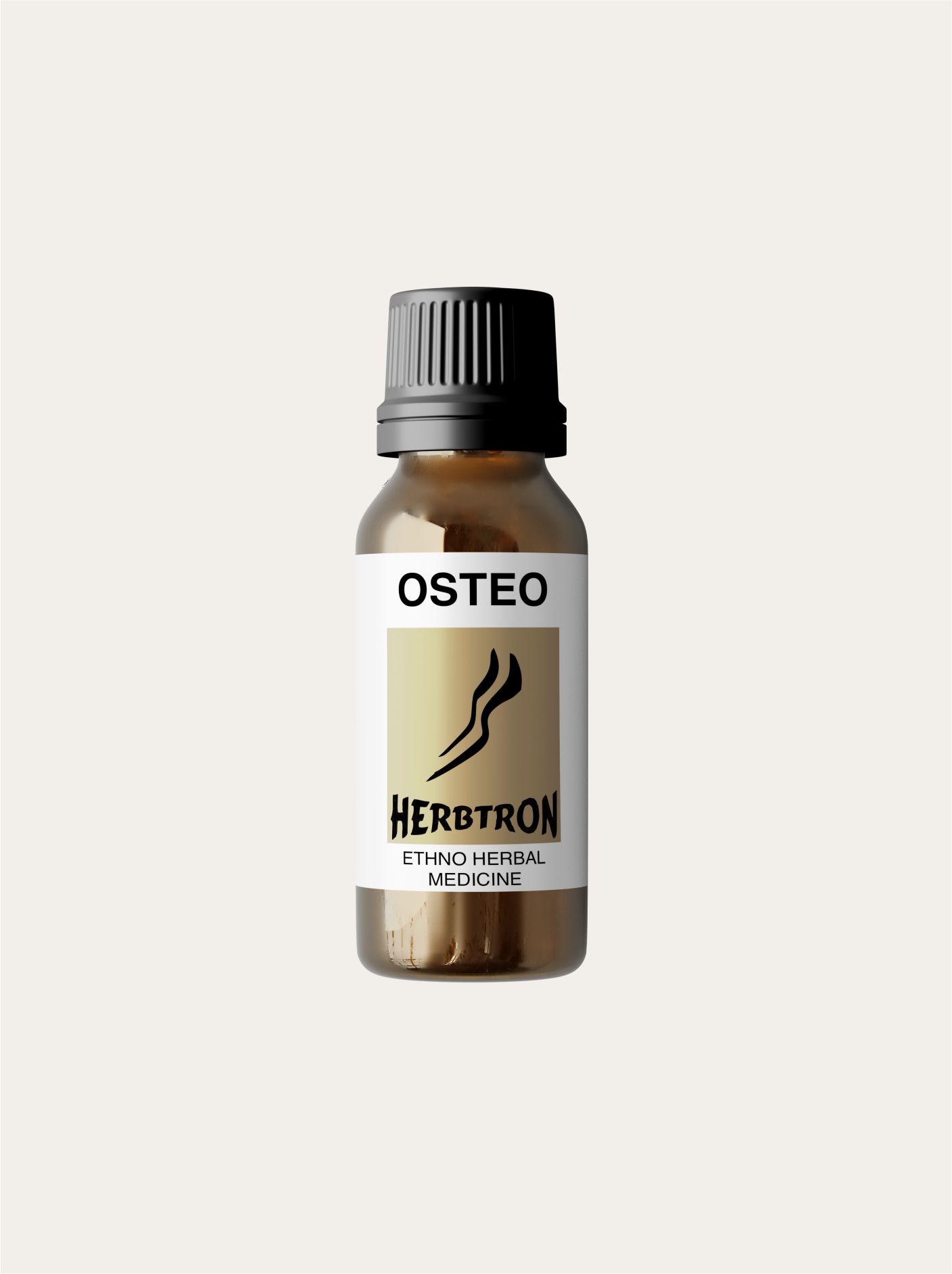 A brown glass bottle of Herbtron OSTEO Ethno Herbal Medicine with a black lid is shown. The label is a light yellow-gold color with a black stylized plant logo and text.