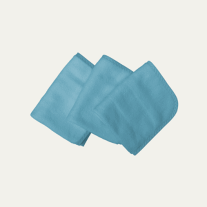 A stack of three petrol-colored, rectangular, microfiber cloths is shown.