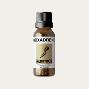 A brown glass bottle of Herbtron ROXADRENE Ethno Herbal Medicine with a black lid is shown. The label is a light yellow-gold color with a black stylized plant logo and text.