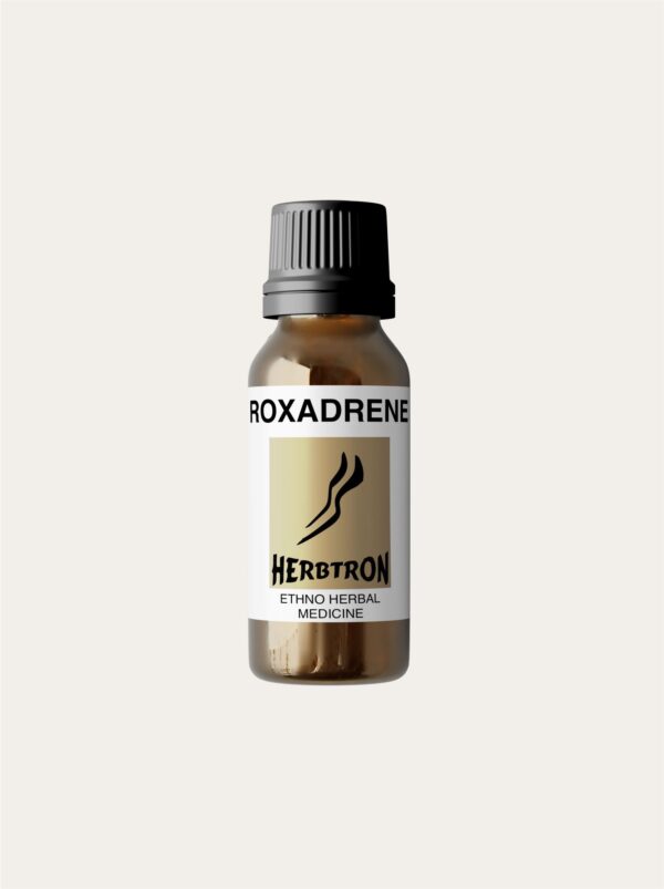 A brown glass bottle of Herbtron ROXADRENE Ethno Herbal Medicine with a black lid is shown. The label is a light yellow-gold color with a black stylized plant logo and text.