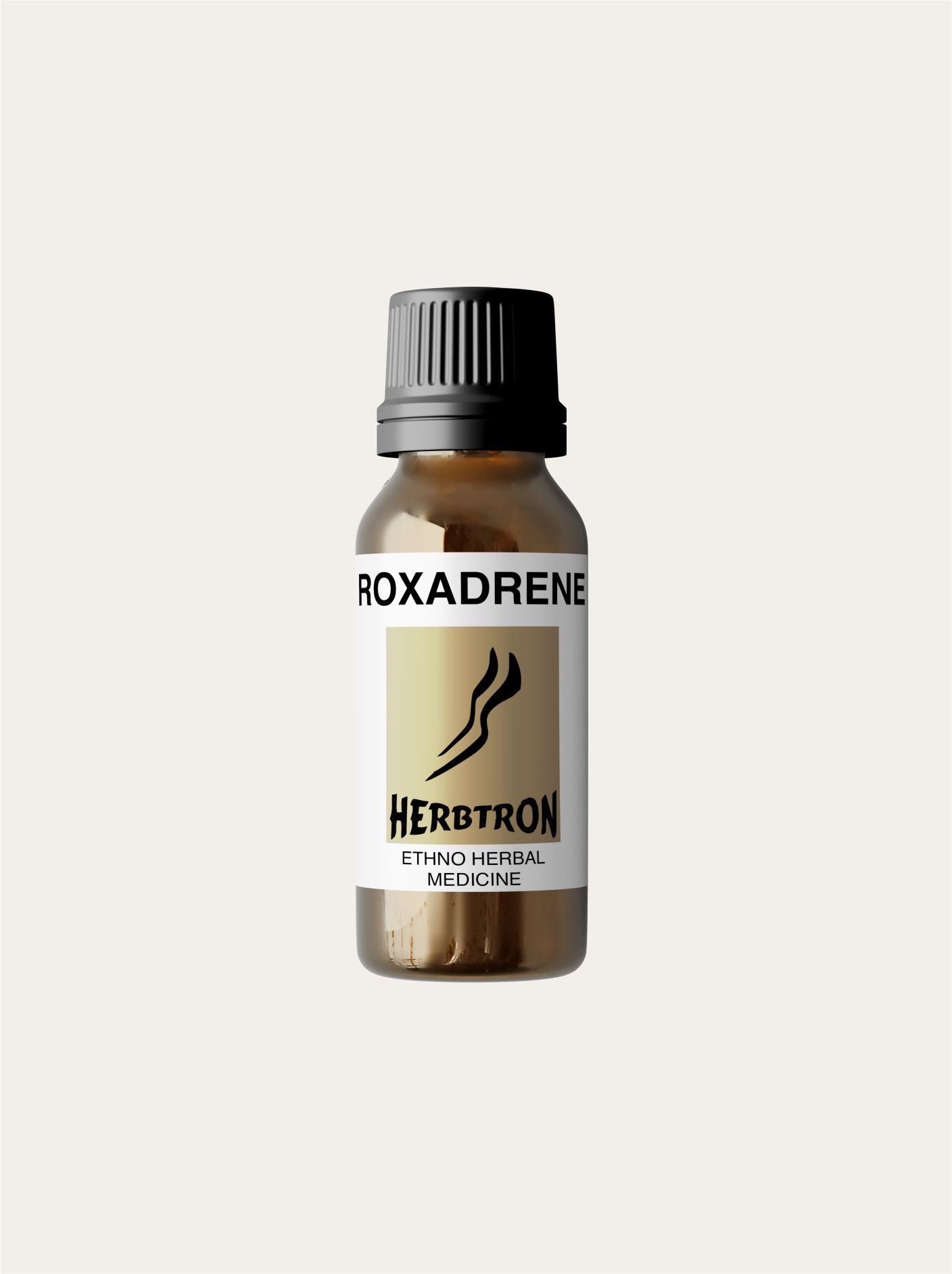 A brown glass bottle of Herbtron ROXADRENE Ethno Herbal Medicine with a black lid is shown. The label is a light yellow-gold color with a black stylized plant logo and text.