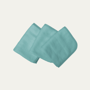 A stack of three teal, rectangular, microfiber cloths is shown.